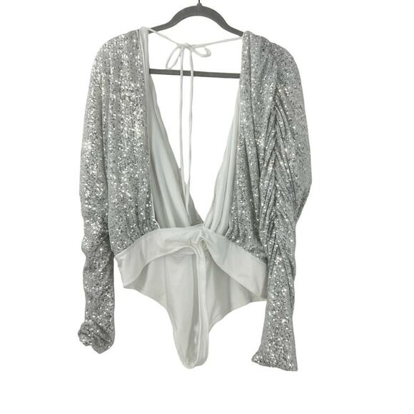 NWT Lovers + Friends Silver Sequin Ginger Bodysuit size XL - Picture 7 of 10